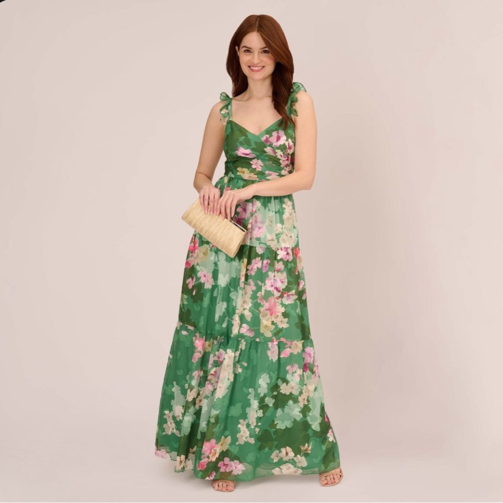 Adrianna Papell Floral Chiffon Tiered Gown With Ruffle Details In Green Multi